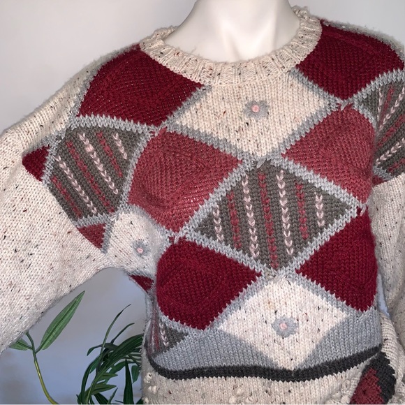 v i n t a g e :: Long Plaid Floral Embroidered Granny Knit Sweater - Picture 11 of 11